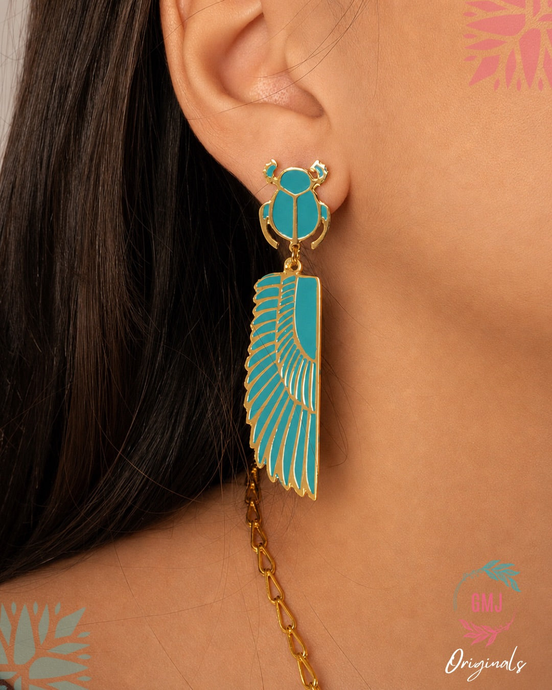 Wings of Isis scarab earring in turquoise enamel
