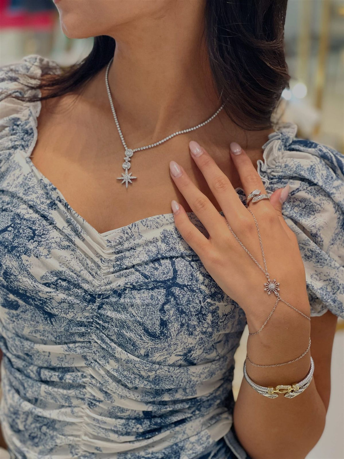 Silver star necklace, hand chain and bangle