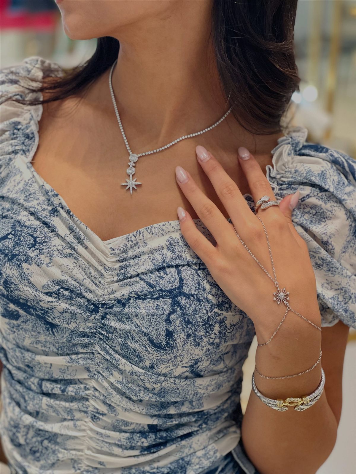 Silver star necklace, hand chain and bangle